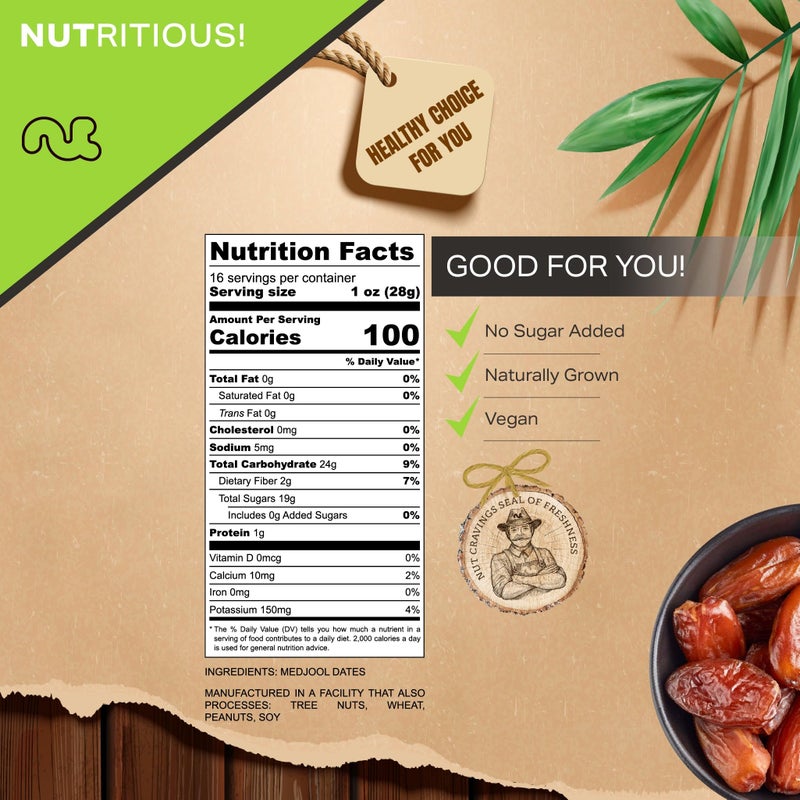 NUT CRAVINGS - Sun Dried Jumbo Medjool Dates, No Sugar Added, Unsulphured (16oz, 1 LB) Bulk Dry Fruits Packed Fresh in Resealable Bag - Sweet Healthy Snack, Naturally Grown, Vegan, Kosher - Image 4